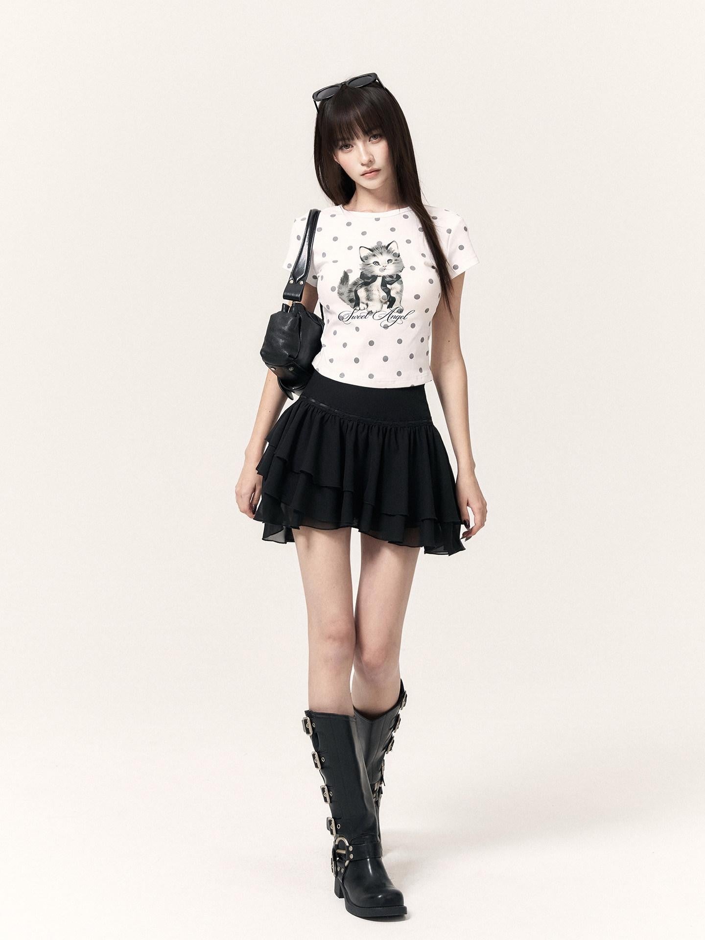 VOCK Polka Dot Cat Print Short Sleeve Round Neck Women's Matching Skirt Sets