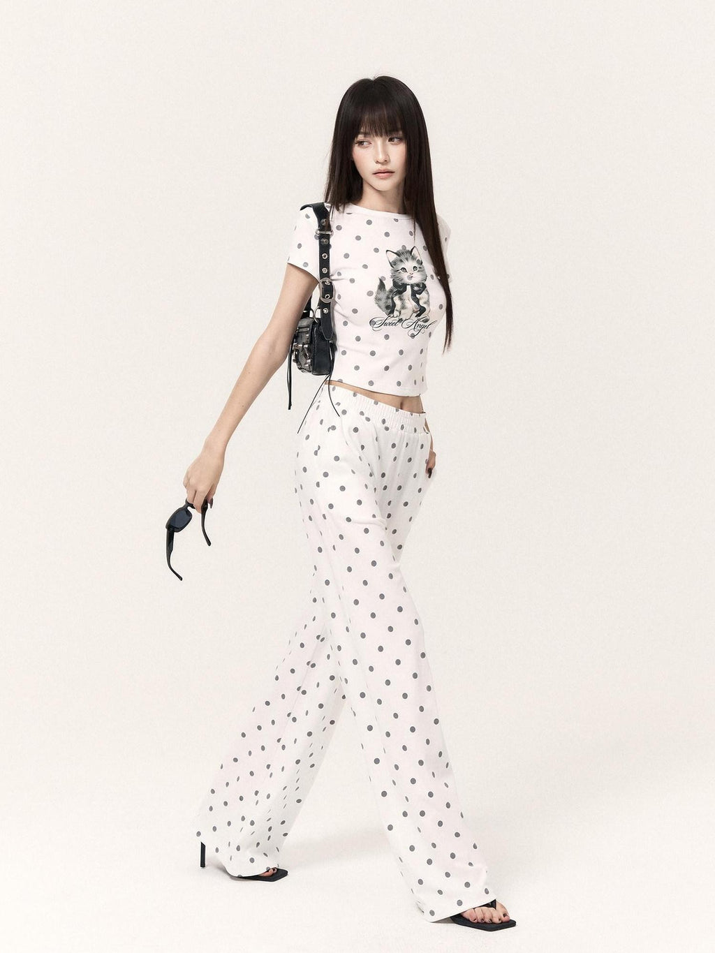VOCK Polka Dot Cat Print Short Sleeve Round Neck Women's Matching Skirt Sets