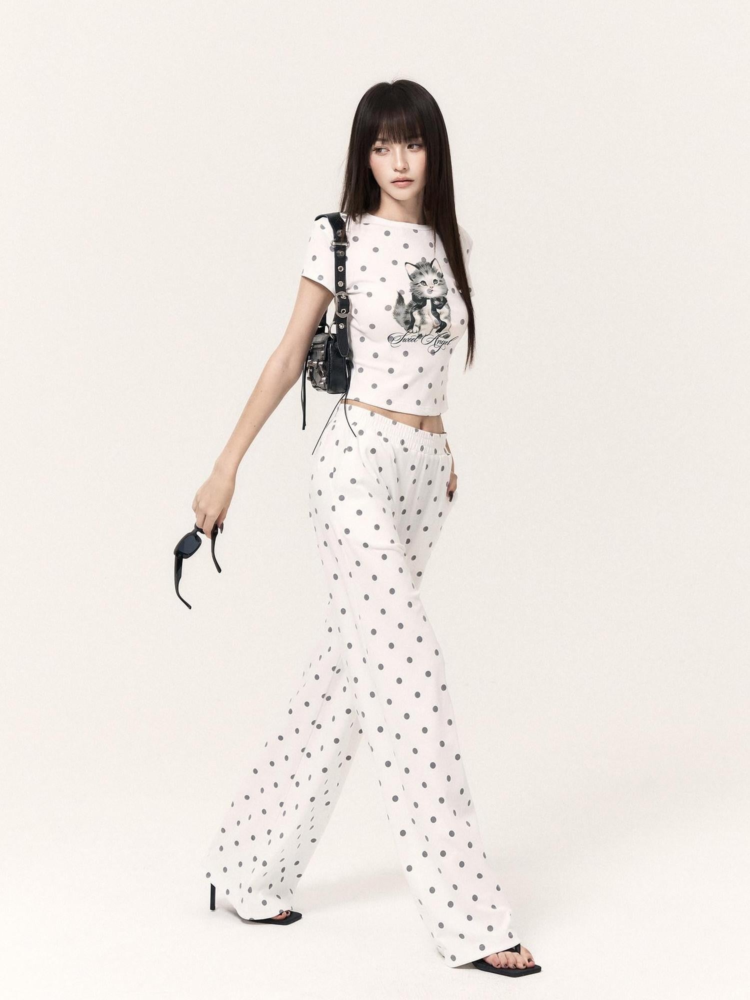 VOCK Polka Dot Cat Print Short Sleeve Round Neck Women's Matching Skirt Sets