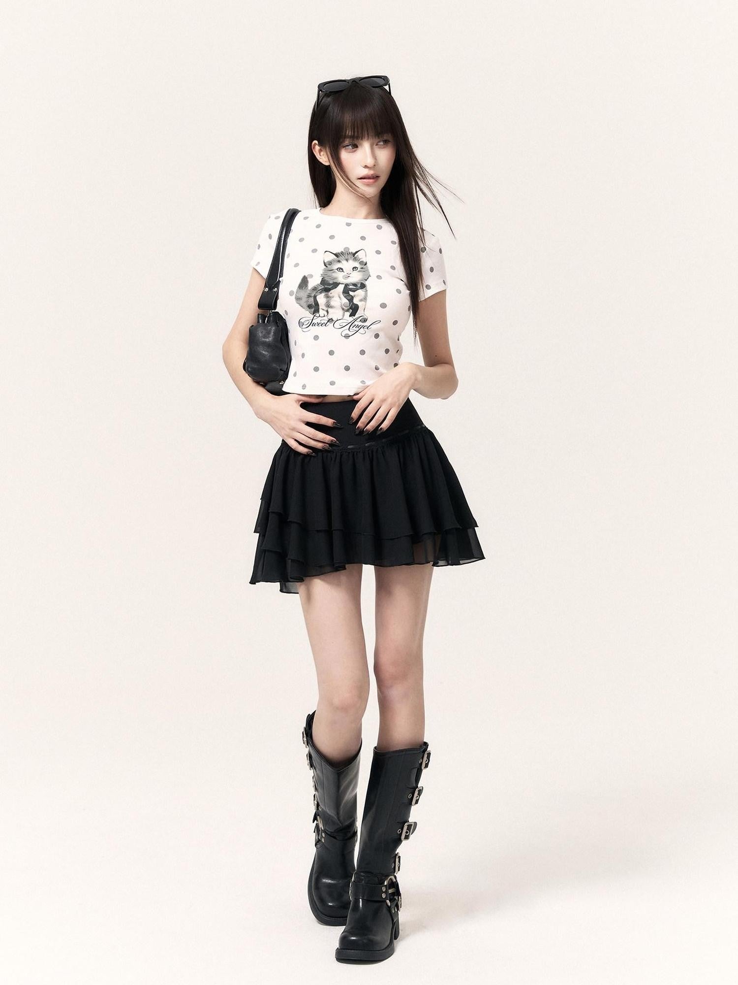 VOCK Polka Dot Cat Print Short Sleeve Round Neck Women's Matching Skirt Sets