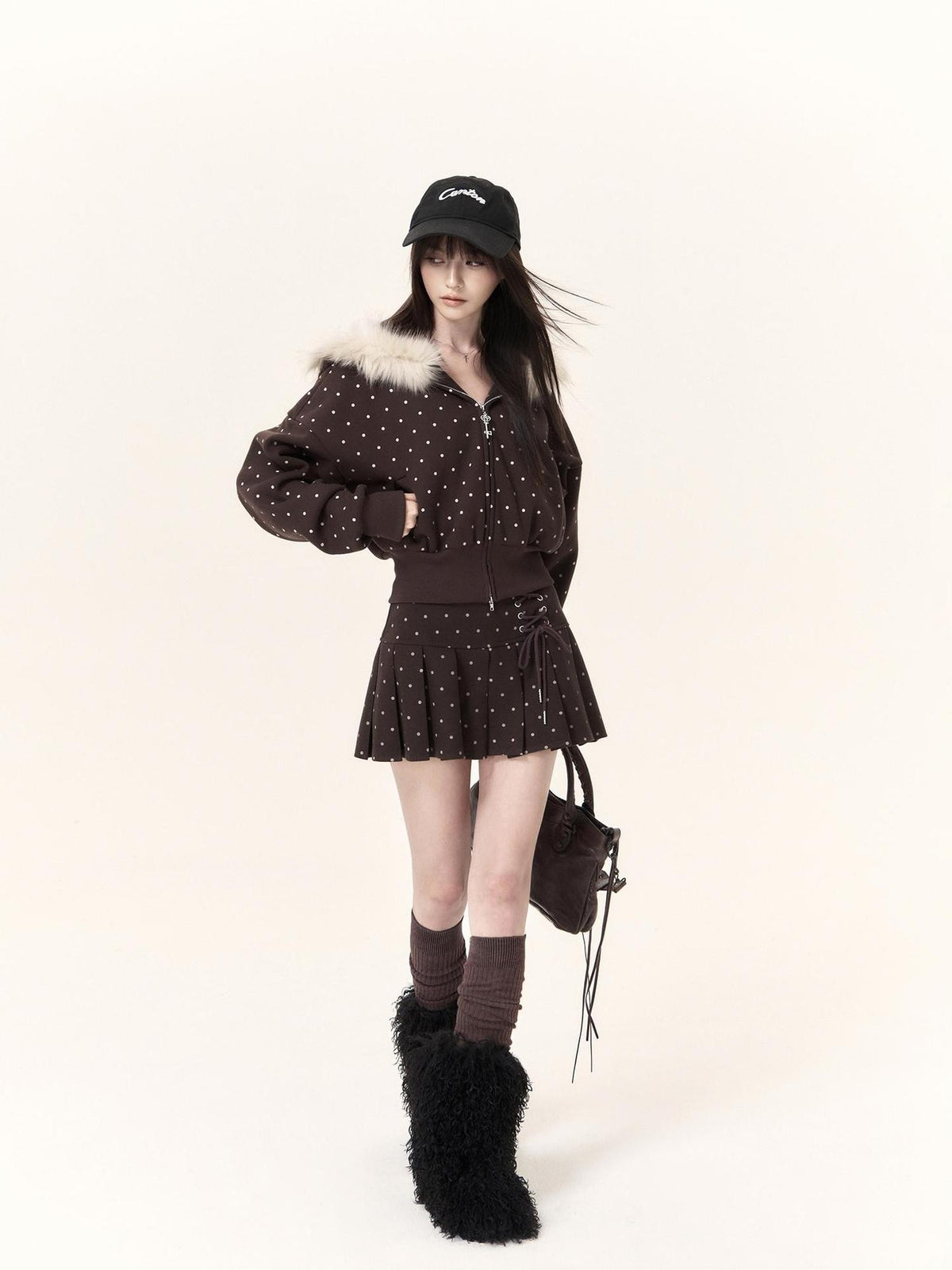 VOCK Polka Dot Pleated Faux Fur Hooded Zip Women's Tracksuit Sets