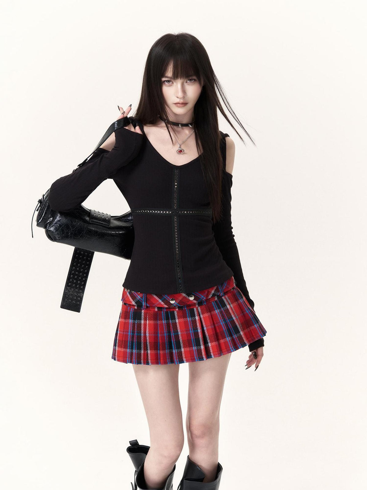 VOCK Punk Plaid Pleated Stud Low Waist Cotton Women's Mini Skirts
