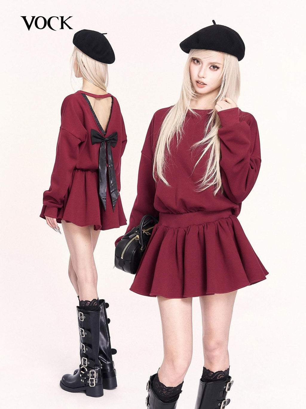 VOCK Red Backless Bow Puff Skirt Long Sleeve Fleece Women's Casual Mini Dresses