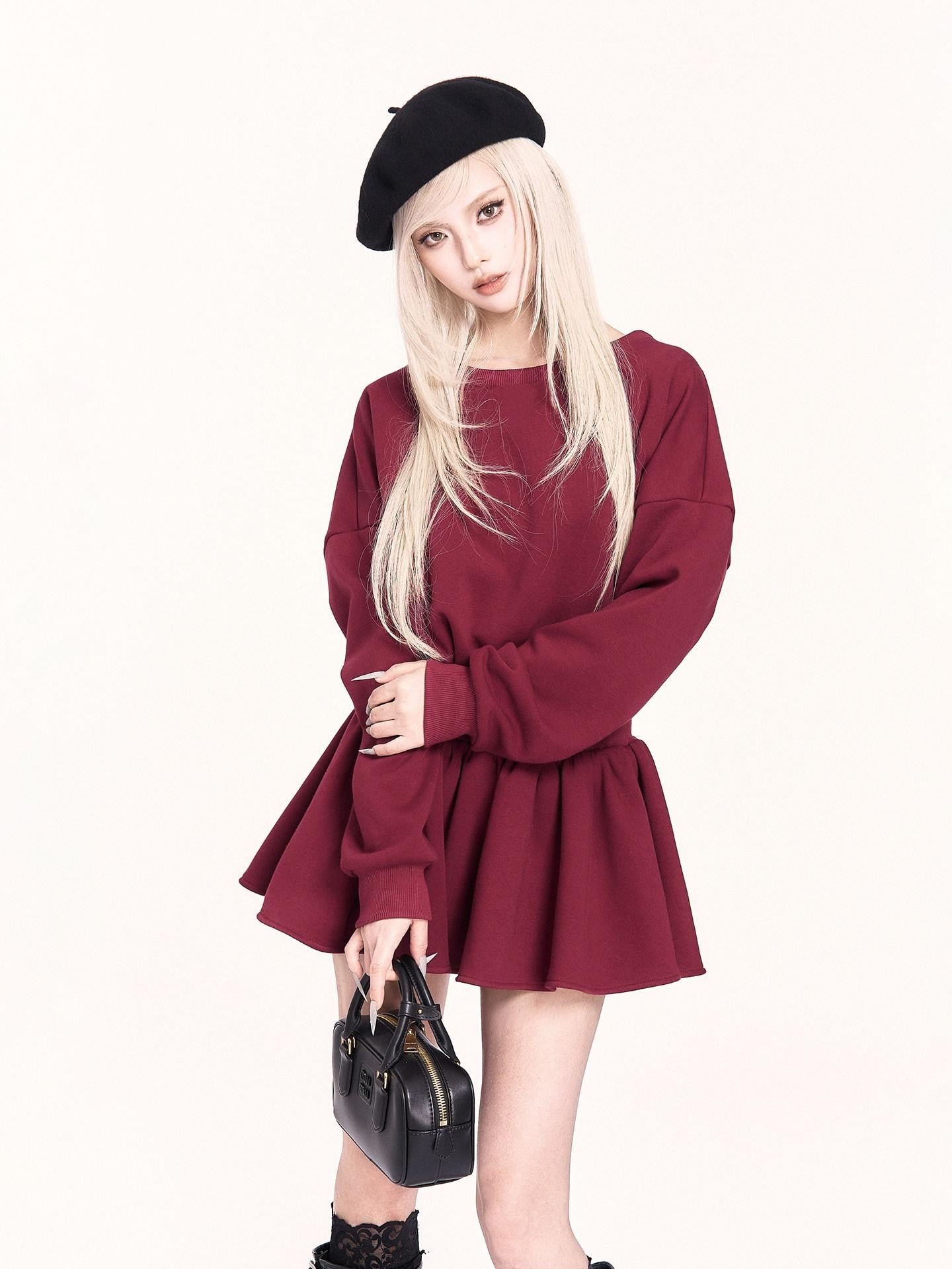 VOCK Red Backless Bow Puff Skirt Long Sleeve Fleece Women's Casual Mini Dresses