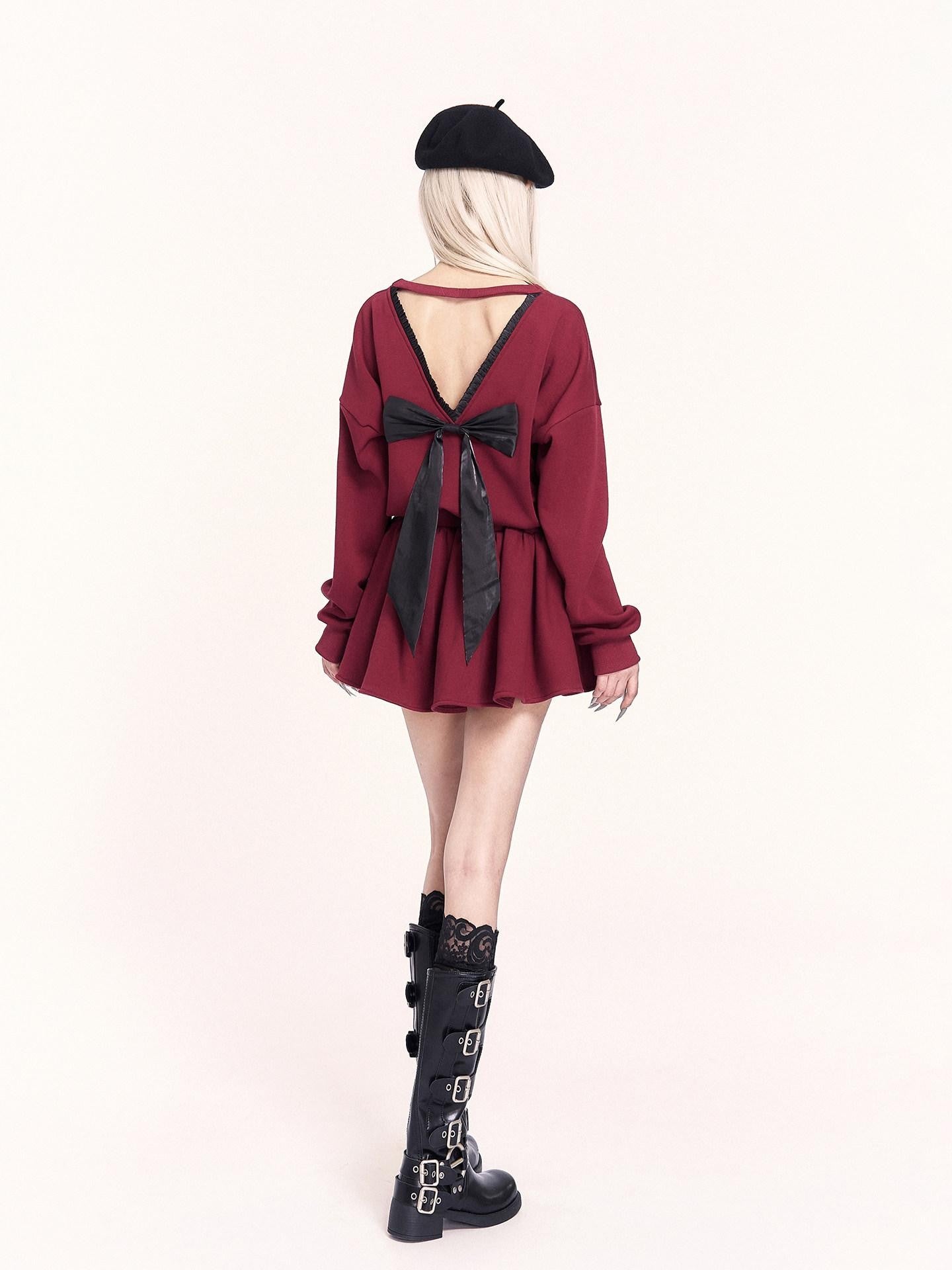 VOCK Red Backless Bow Puff Skirt Long Sleeve Fleece Women's Casual Mini Dresses