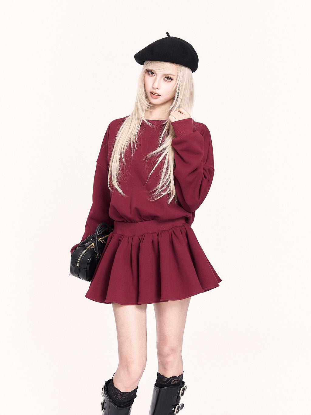 VOCK Red Backless Bow Puff Skirt Long Sleeve Fleece Women's Casual Mini Dresses