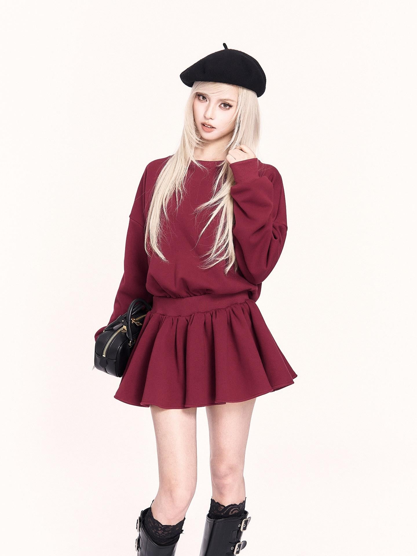 VOCK Red Backless Bow Puff Skirt Long Sleeve Fleece Women's Casual Mini Dresses