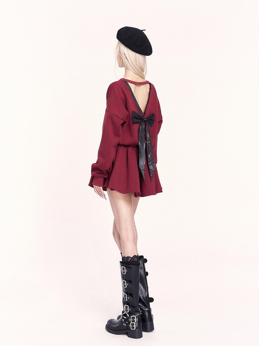 VOCK Red Backless Bow Puff Skirt Long Sleeve Fleece Women's Casual Mini Dresses