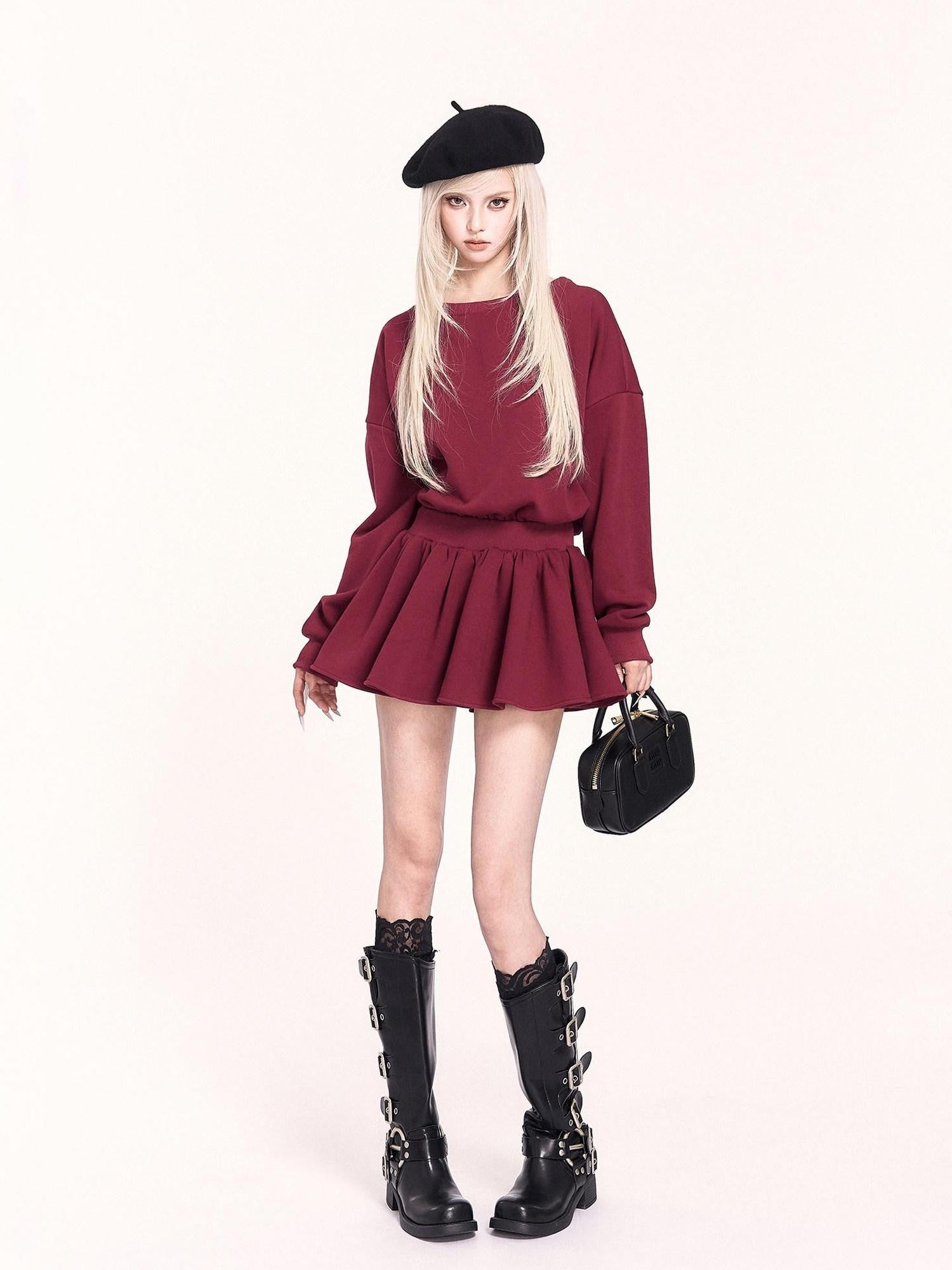 VOCK Red Backless Bow Puff Skirt Long Sleeve Fleece Women's Casual Mini Dresses
