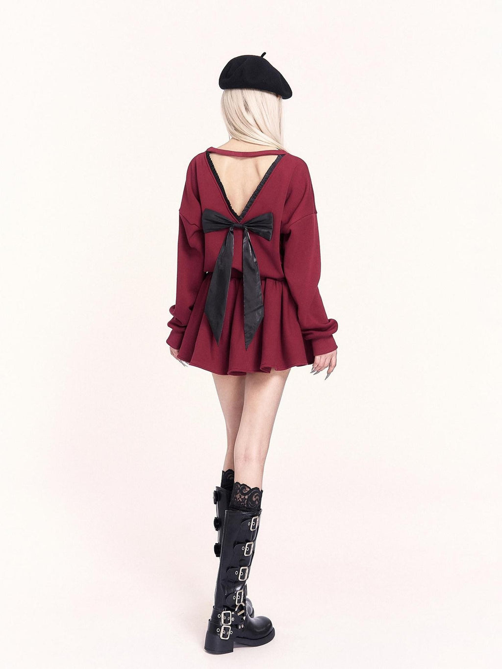 VOCK Red Backless Bow Puff Skirt Long Sleeve Fleece Women's Casual Mini Dresses
