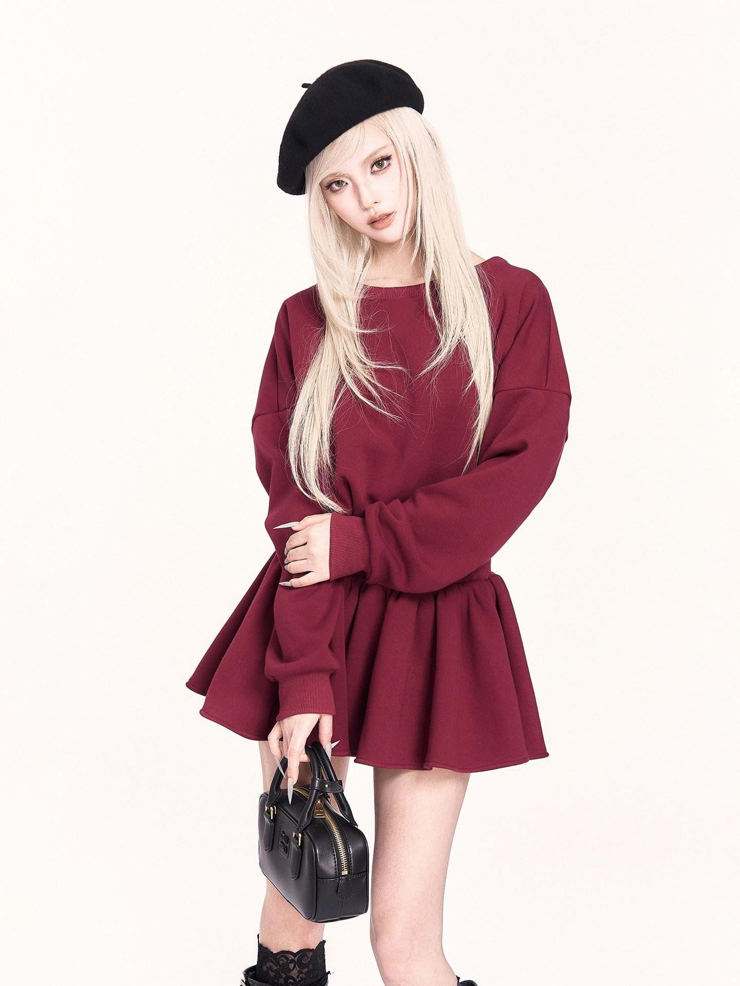 VOCK Red Backless Bow Puff Skirt Long Sleeve Fleece Women's Casual Mini Dresses