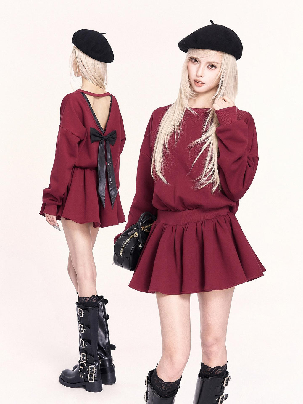 VOCK Red Backless Bow Puff Skirt Long Sleeve Fleece Women's Casual Mini Dresses