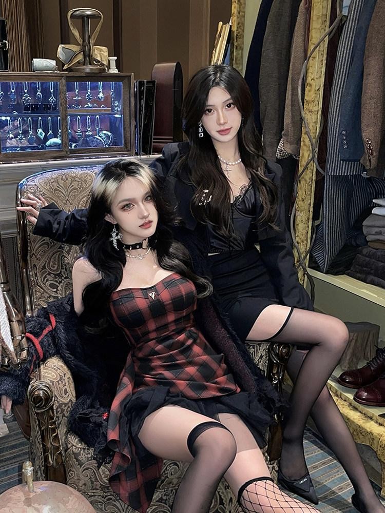 VOCK Red Black Check Asymmetric Strapless Waist Cinched Women's Tube Mini Dresses