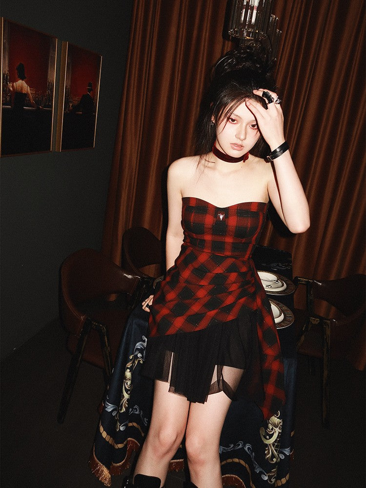 VOCK Red Black Check Asymmetric Strapless Waist Cinched Women's Tube Mini Dresses