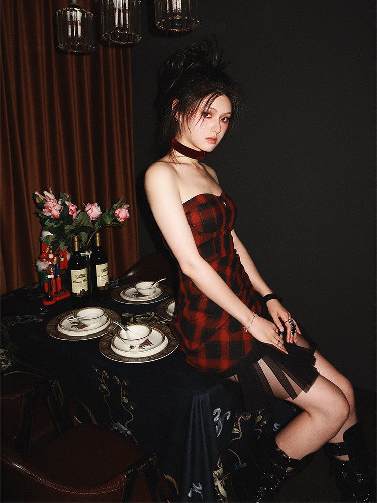 VOCK Red Black Check Asymmetric Strapless Waist Cinched Women's Tube Mini Dresses