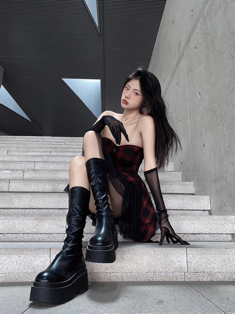 VOCK Red Black Check Asymmetric Strapless Waist Cinched Women's Tube Mini Dresses