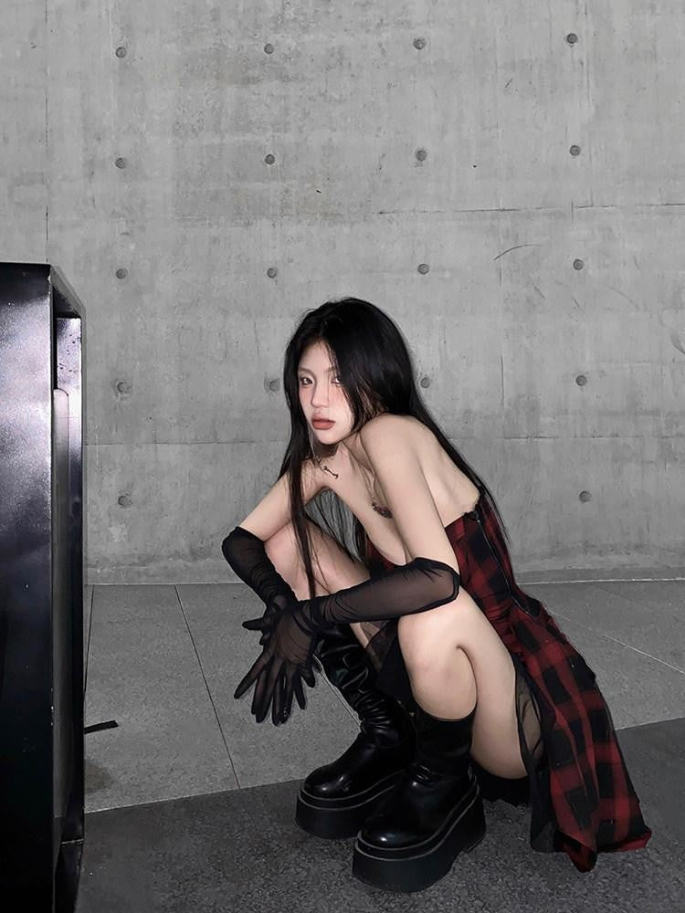 VOCK Red Black Check Asymmetric Strapless Waist Cinched Women's Tube Mini Dresses