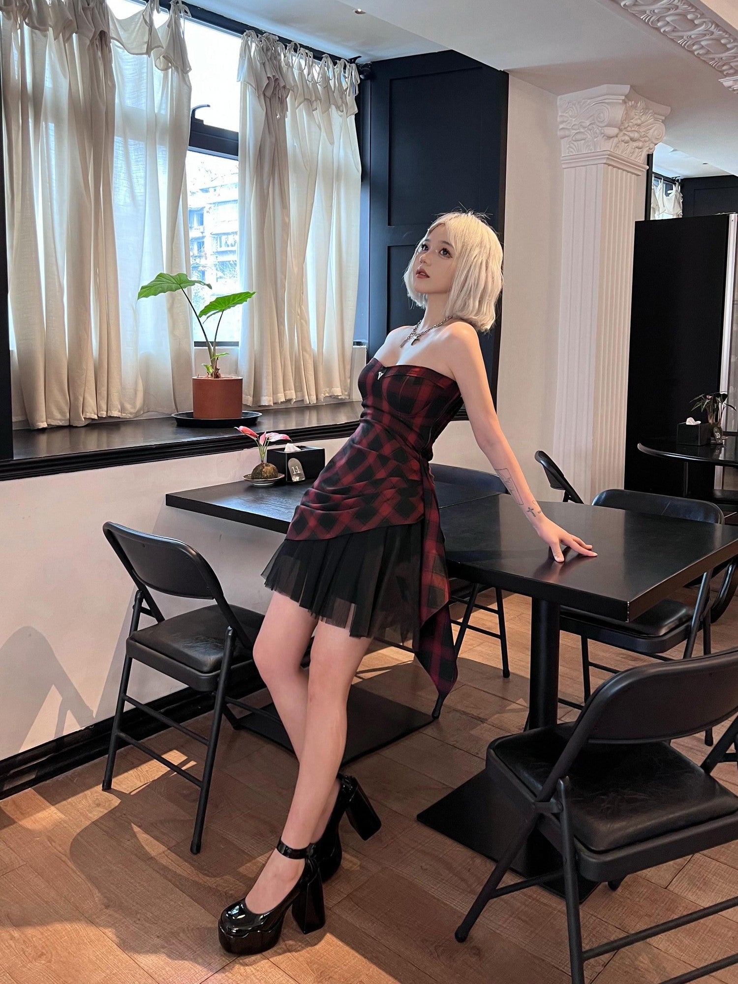 VOCK Red Black Check Asymmetric Strapless Waist Cinched Women's Tube Mini Dresses
