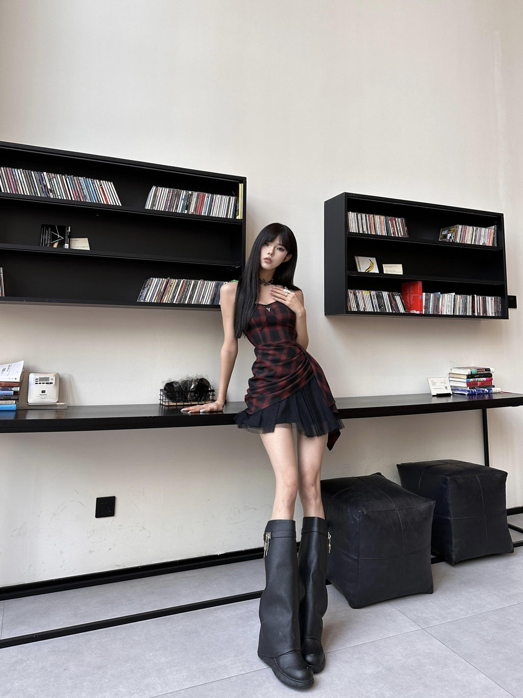 VOCK Red Black Check Asymmetric Strapless Waist Cinched Women's Tube Mini Dresses