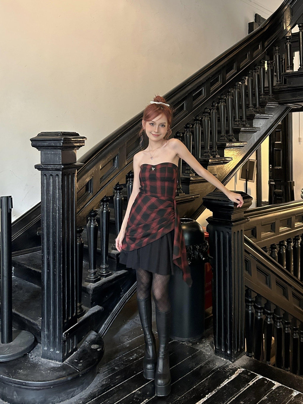 VOCK Red Black Check Asymmetric Strapless Waist Cinched Women's Tube Mini Dresses