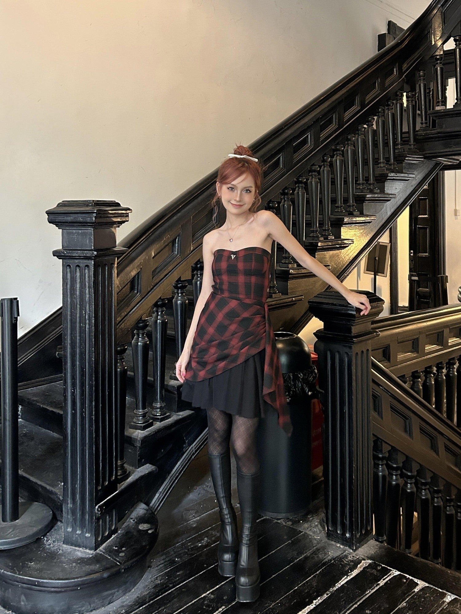 VOCK Red Black Check Asymmetric Strapless Waist Cinched Women's Tube Mini Dresses
