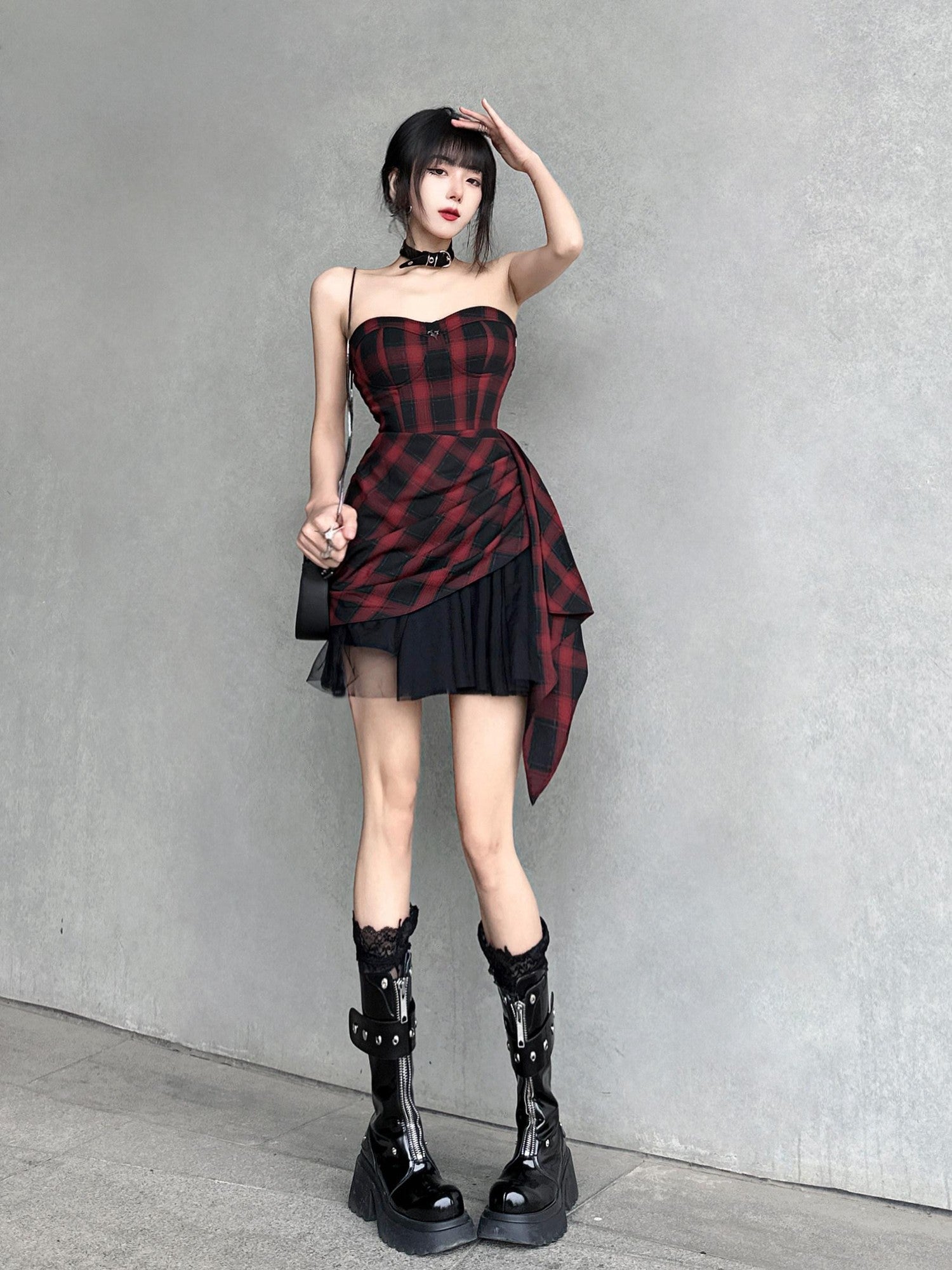 VOCK Red Black Check Asymmetric Strapless Waist Cinched Women's Tube Mini Dresses