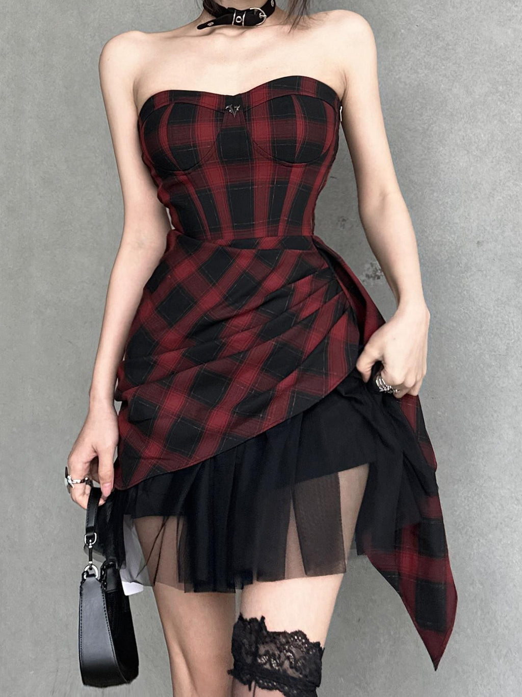 VOCK Red Black Check Asymmetric Strapless Waist Cinched Women's Tube Mini Dresses