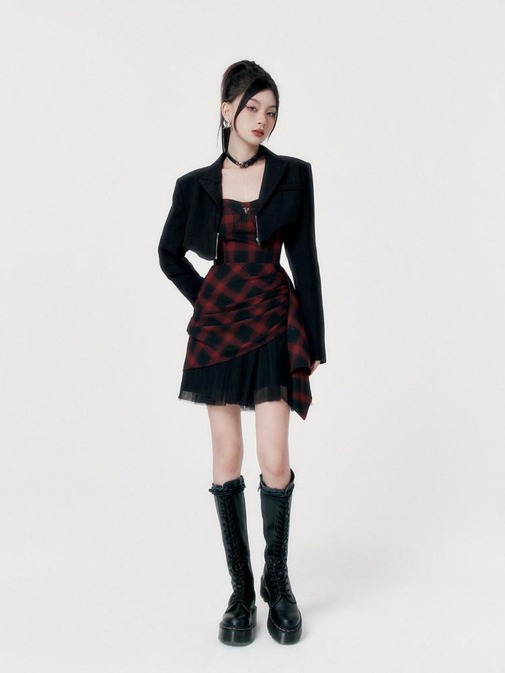 VOCK Red Black Check Asymmetric Strapless Waist Cinched Women's Tube Mini Dresses