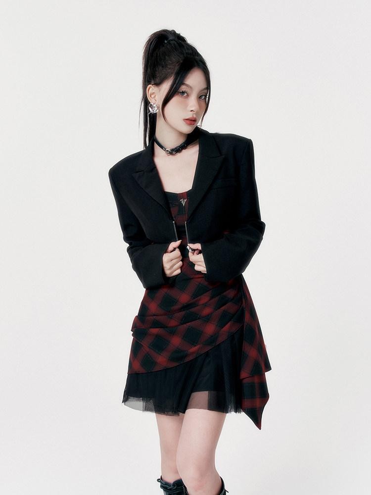 VOCK Red Black Check Asymmetric Strapless Waist Cinched Women's Tube Mini Dresses