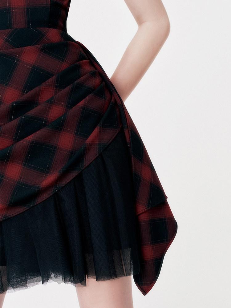 VOCK Red Black Check Asymmetric Strapless Waist Cinched Women's Tube Mini Dresses