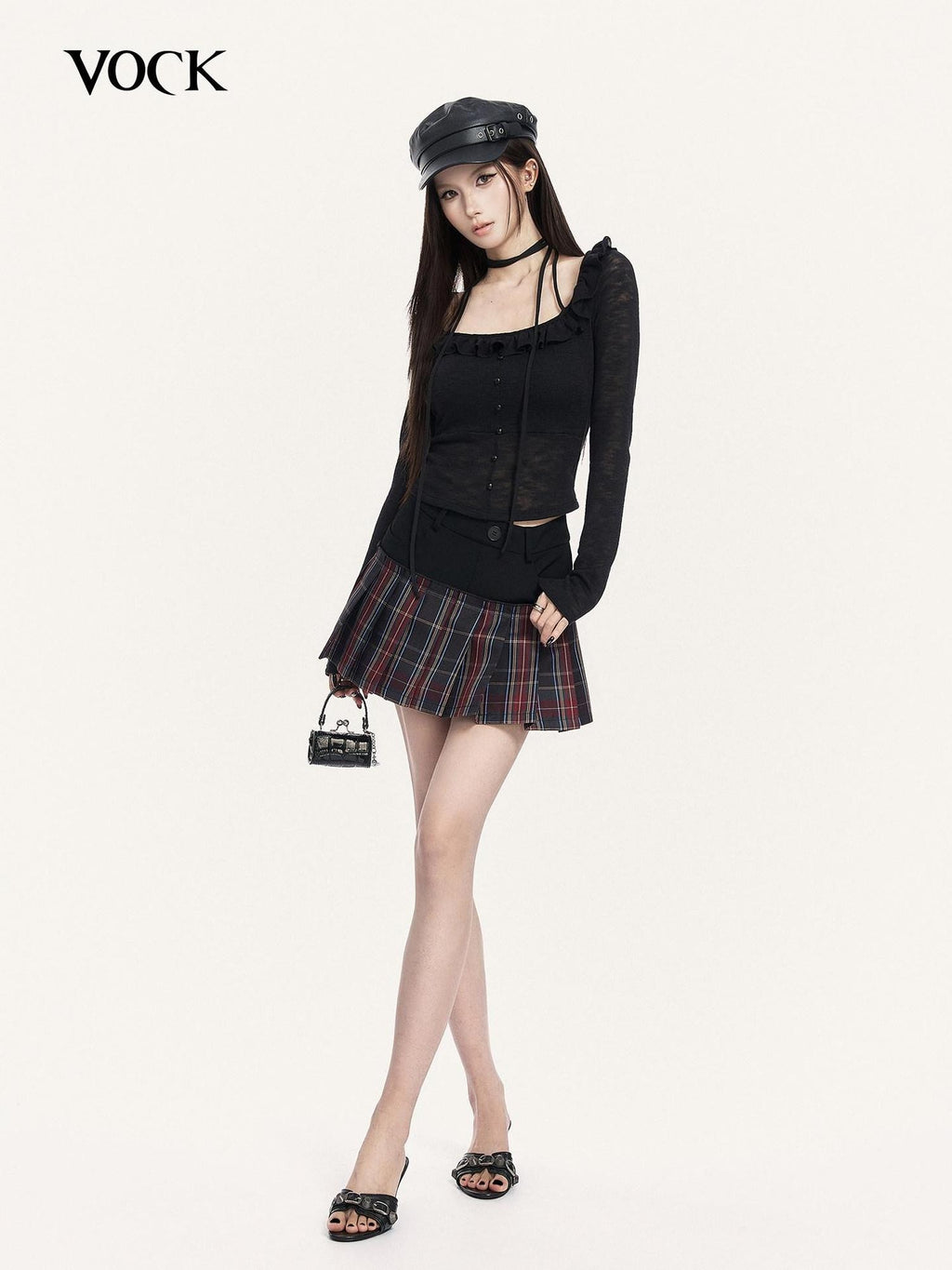 VOCK Red Black Plaid Faux Two Piece Pleated High Waist Women's Mini Skirts