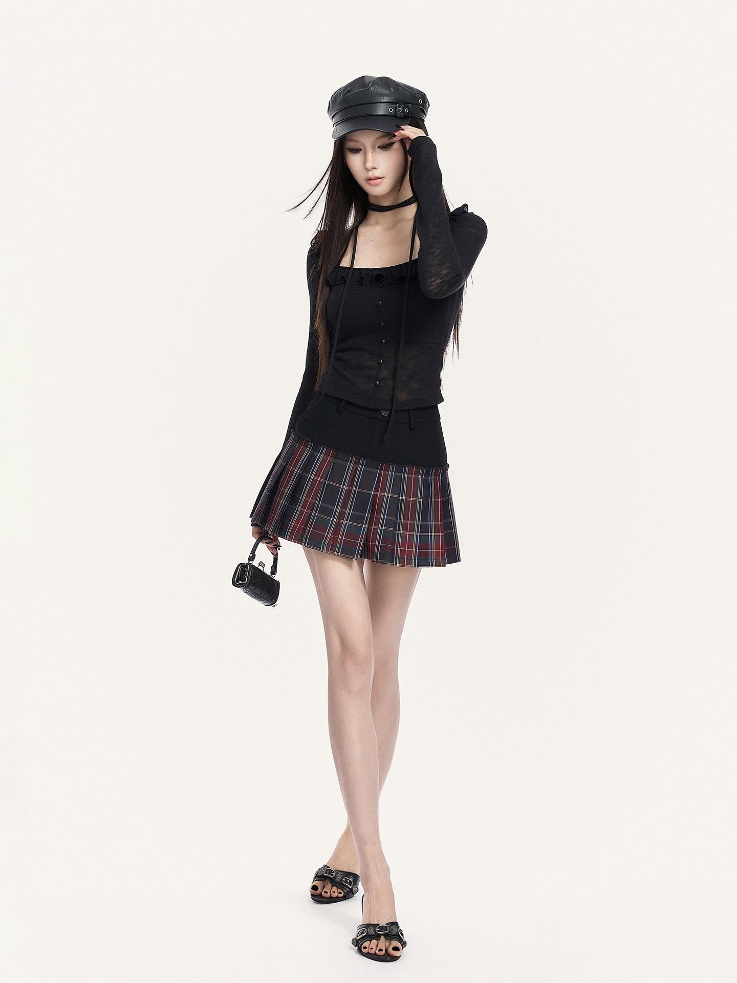 VOCK Red Black Plaid Faux Two Piece Pleated High Waist Women's Mini Skirts