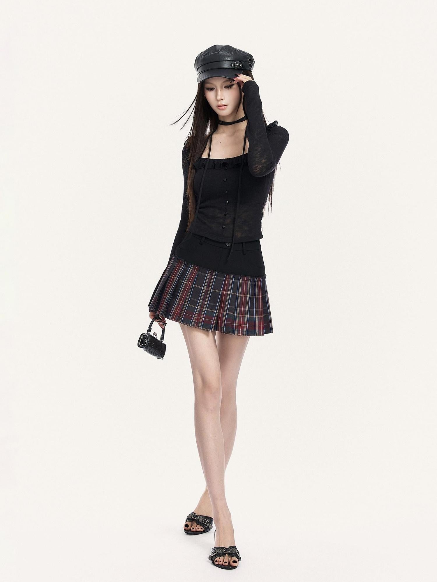 VOCK Red Black Plaid Faux Two Piece Pleated High Waist Women's Mini Skirts