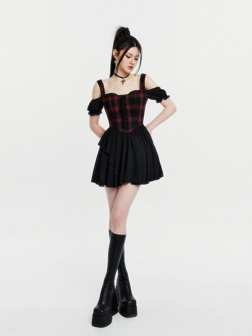 VOCK Red Black Plaid Faux Two Piece Puff Skirt Cami Women's Slip Mini Dresses
