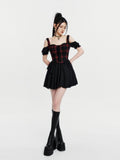 VOCK Red Black Plaid Faux Two Piece Puff Skirt Cami Women's Slip Mini Dresses