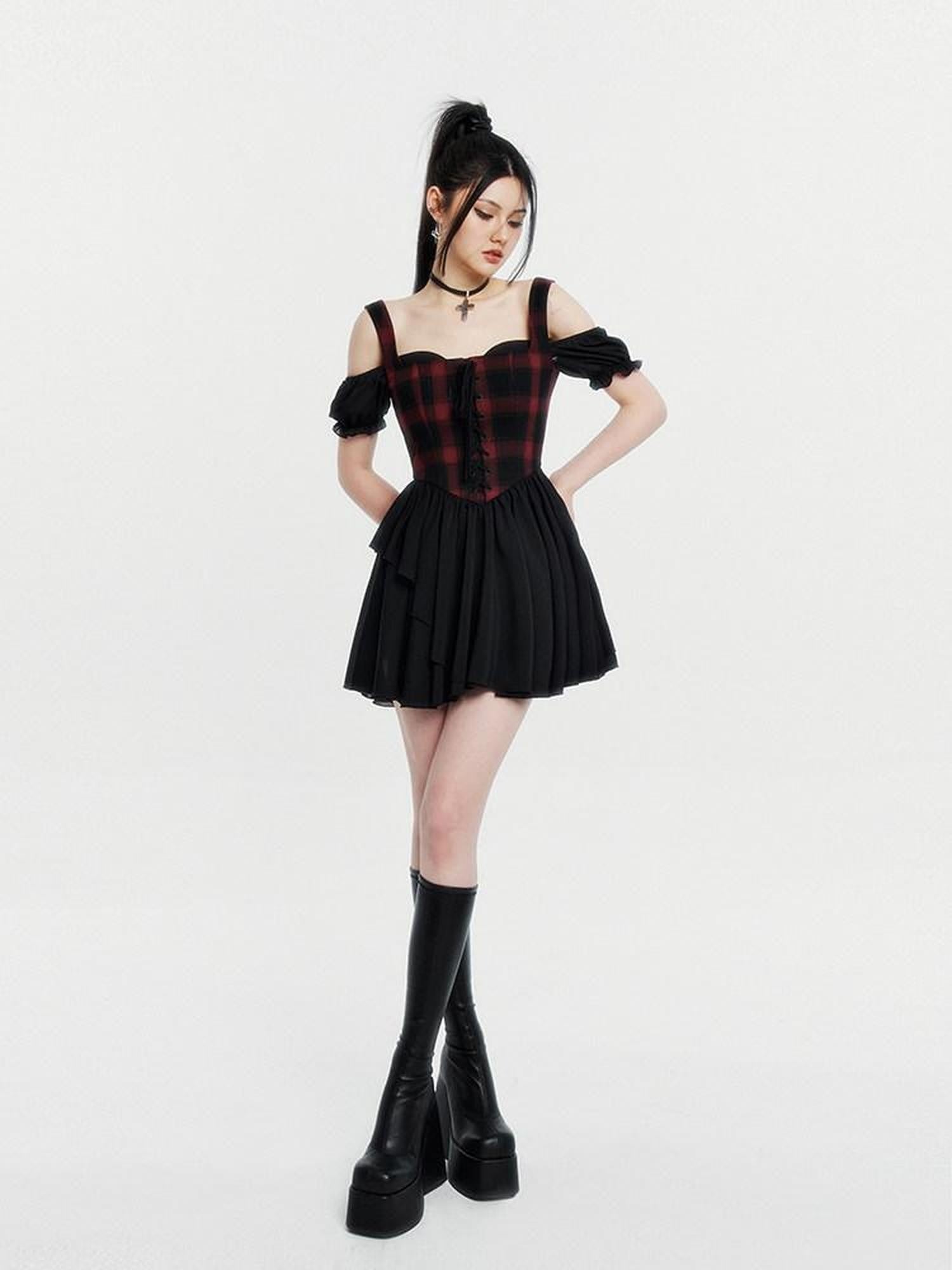 VOCK Red Black Plaid Faux Two Piece Puff Skirt Cami Women's Slip Mini Dresses