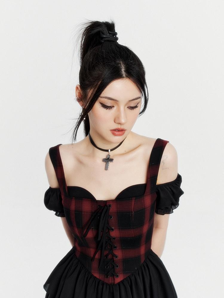 VOCK Red Black Plaid Faux Two Piece Puff Skirt Cami Women's Slip Mini Dresses