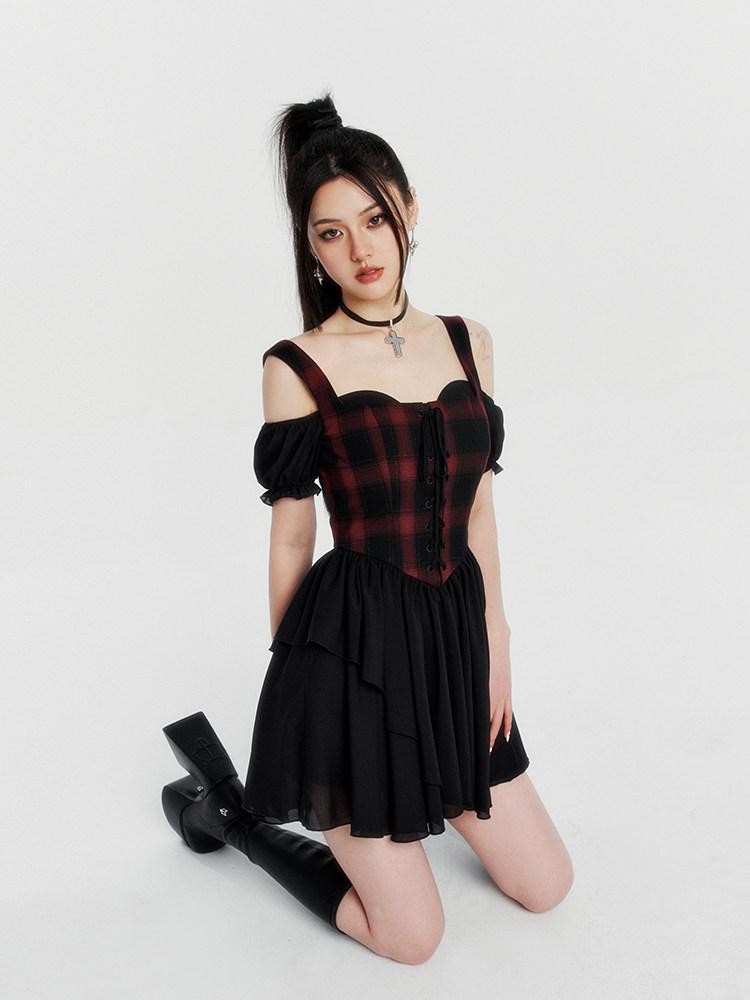 VOCK Red Black Plaid Faux Two Piece Puff Skirt Cami Women's Slip Mini Dresses