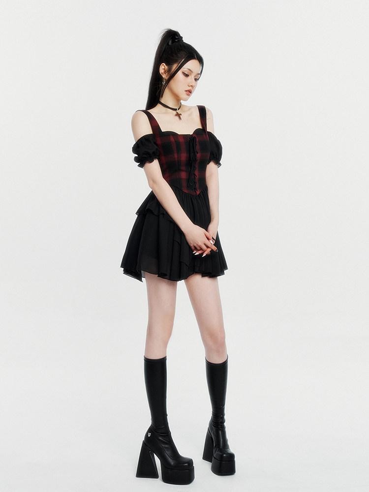 VOCK Red Black Plaid Faux Two Piece Puff Skirt Cami Women's Slip Mini Dresses