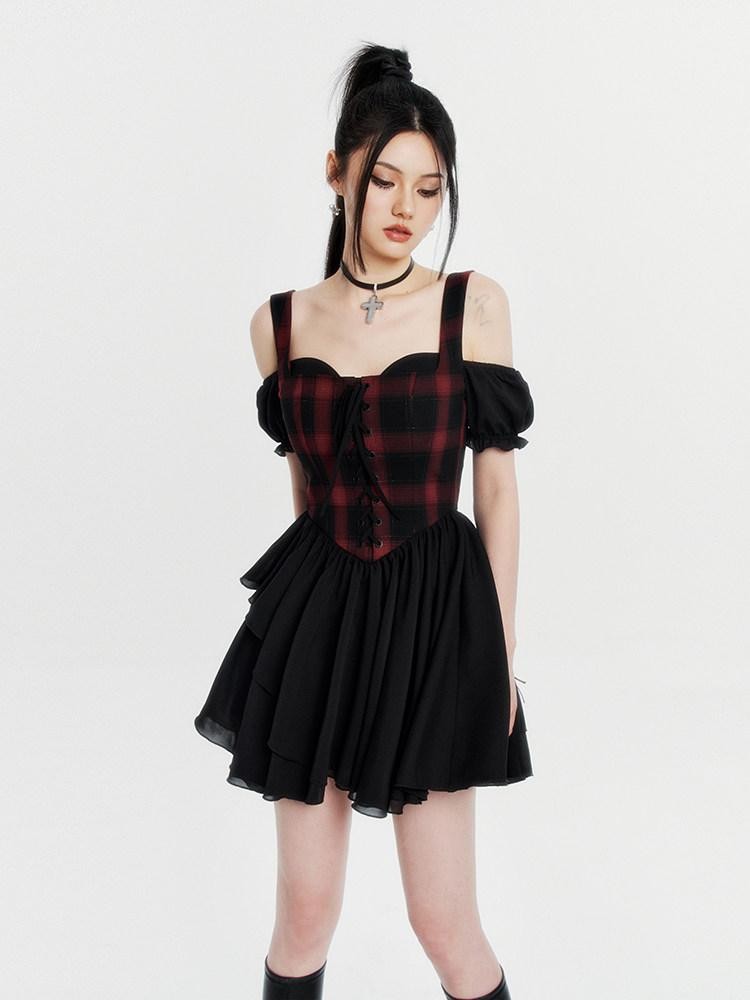 VOCK Red Black Plaid Faux Two Piece Puff Skirt Cami Women's Slip Mini Dresses