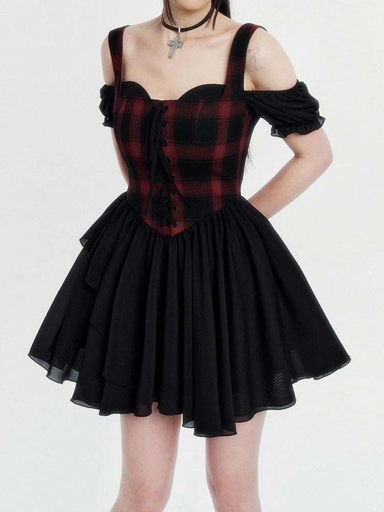 VOCK Red Black Plaid Faux Two Piece Puff Skirt Cami Women's Slip Mini Dresses