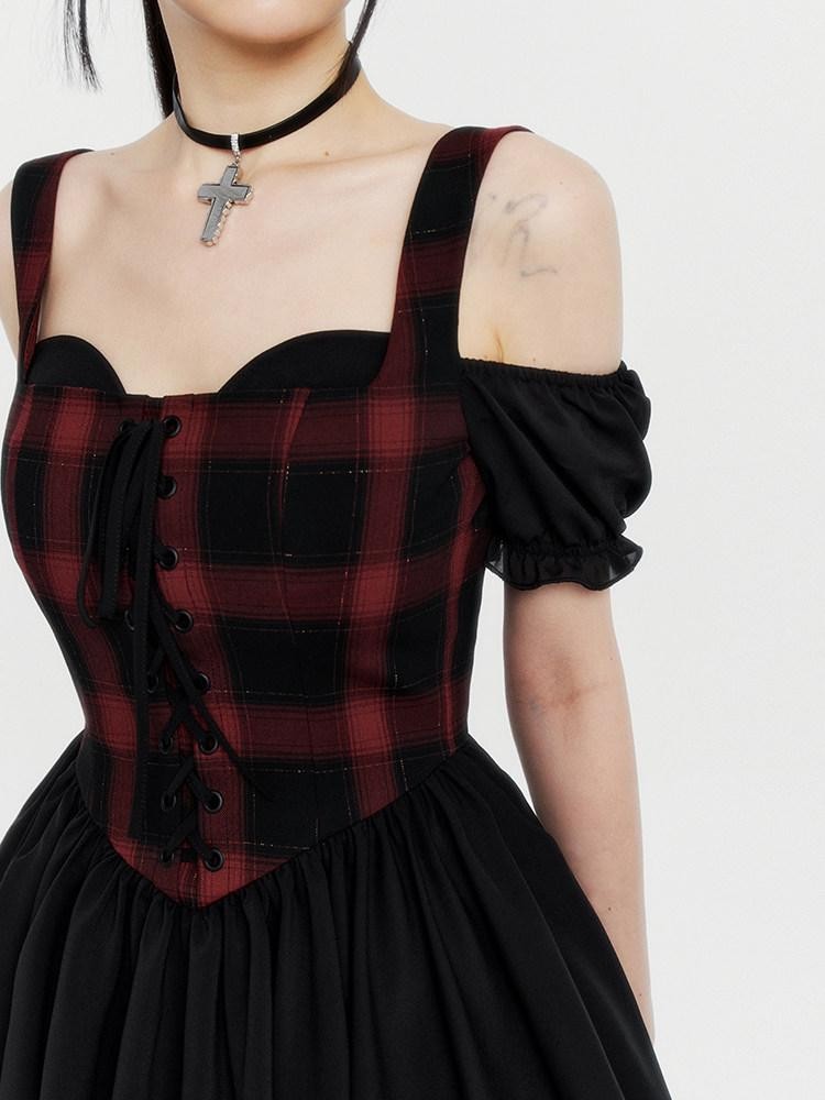 VOCK Red Black Plaid Faux Two Piece Puff Skirt Cami Women's Slip Mini Dresses
