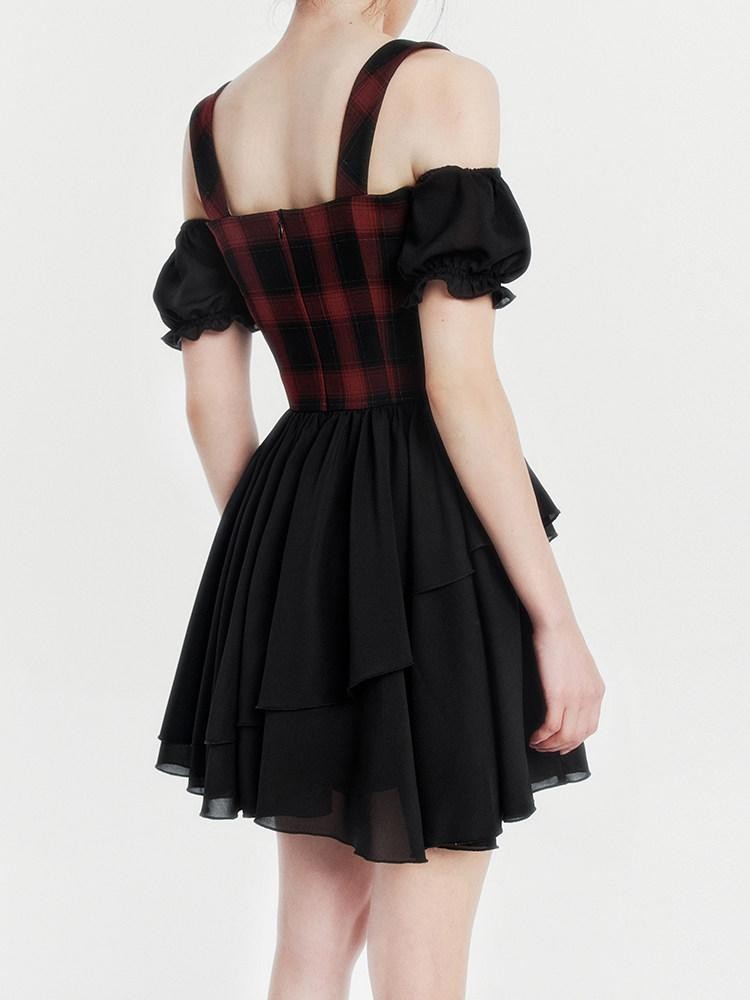 VOCK Red Black Plaid Faux Two Piece Puff Skirt Cami Women's Slip Mini Dresses