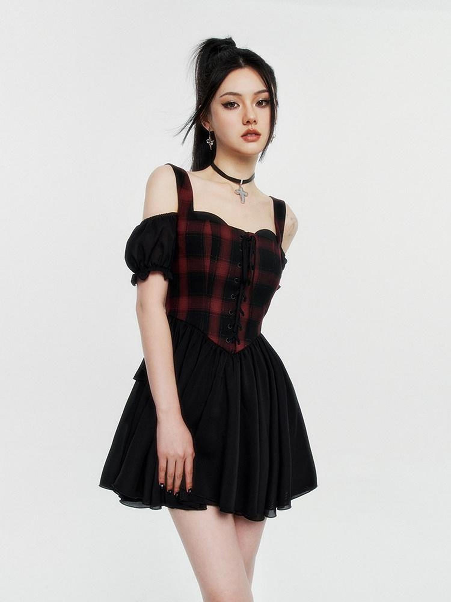 VOCK Red Black Plaid Faux Two Piece Puff Skirt Cami Women's Slip Mini Dresses