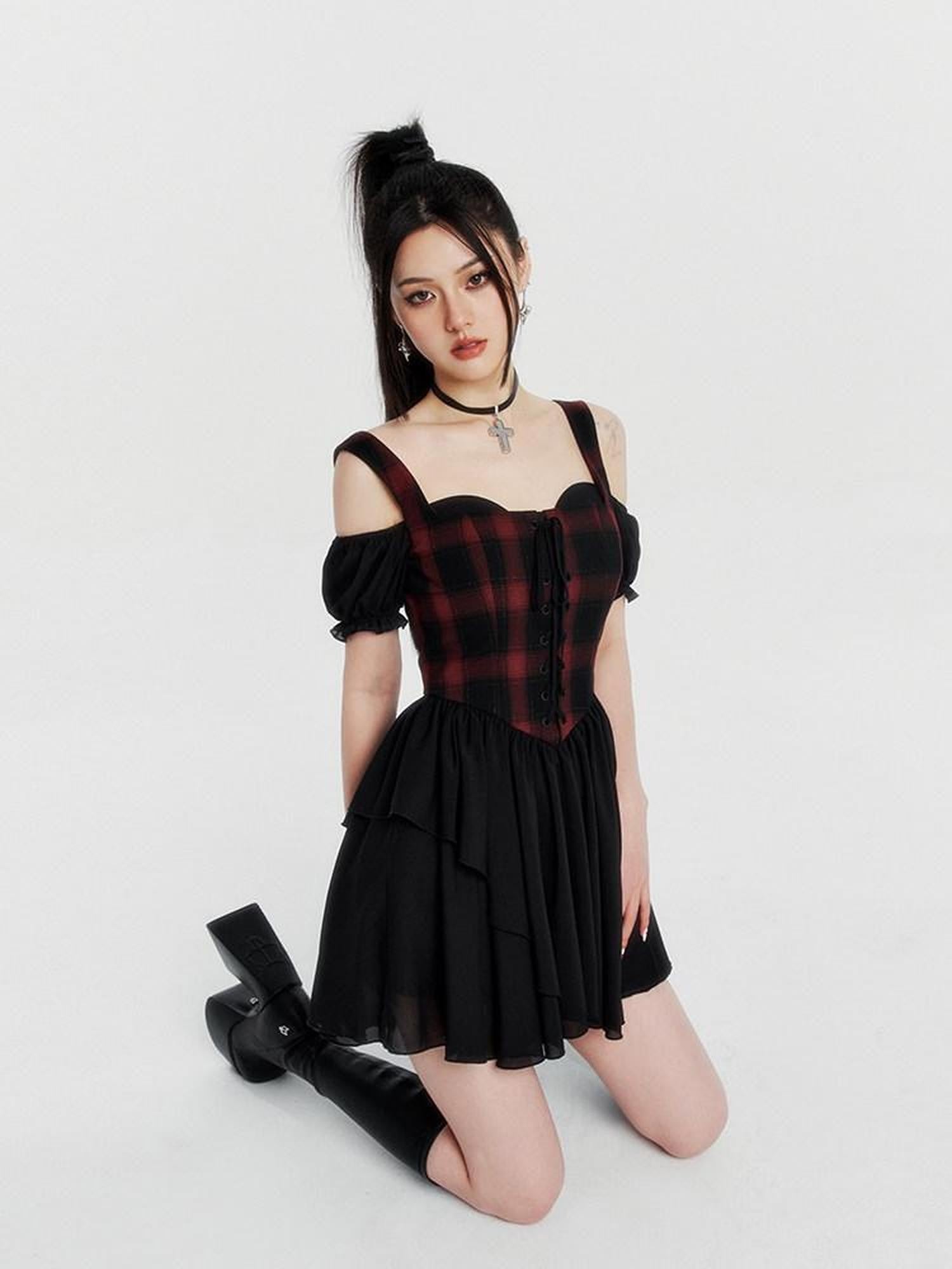 VOCK Red Black Plaid Faux Two Piece Puff Skirt Cami Women's Slip Mini Dresses