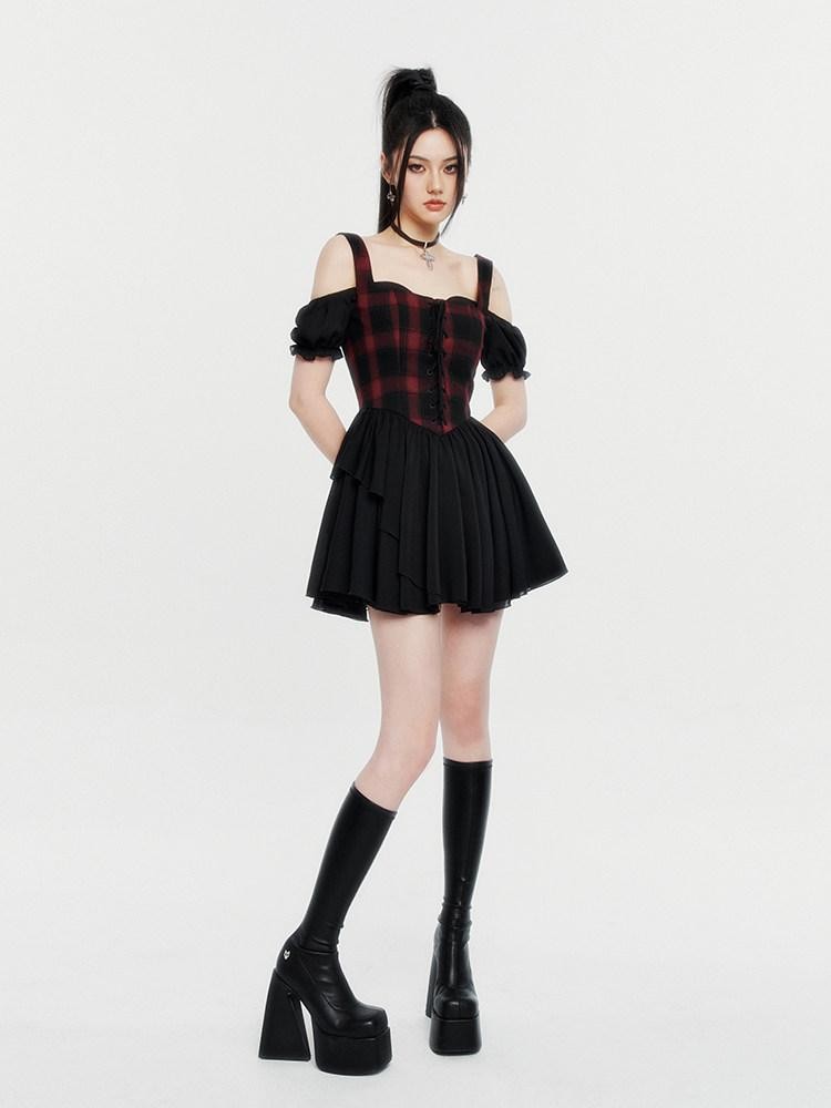 VOCK Red Black Plaid Faux Two Piece Puff Skirt Cami Women's Slip Mini Dresses
