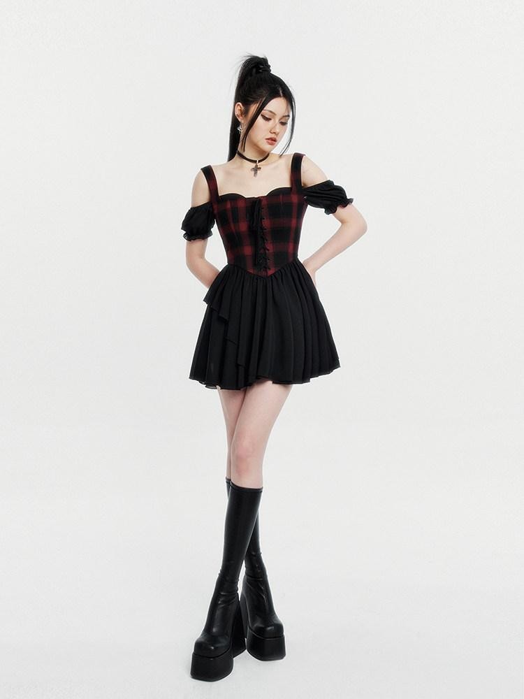 VOCK Red Black Plaid Faux Two Piece Puff Skirt Cami Women's Slip Mini Dresses