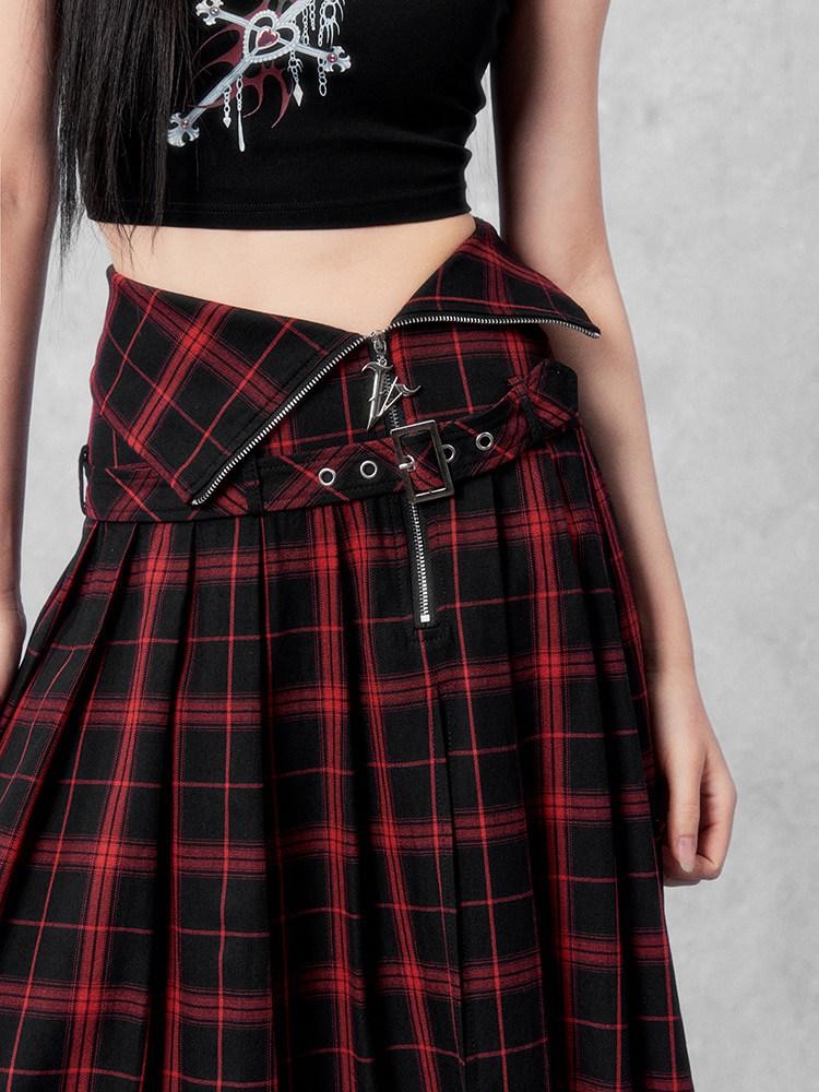 VOCK Red Black Plaid Zipper Foldover Waist Front Slit Women's Cotton Pleated Skirts