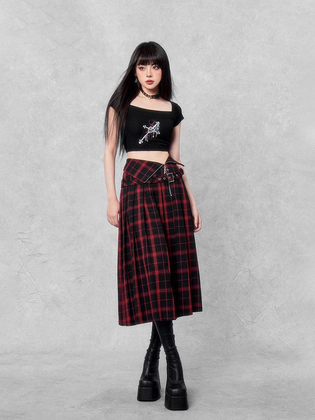 VOCK Red Black Plaid Zipper Foldover Waist Front Slit Women's Cotton Pleated Skirts