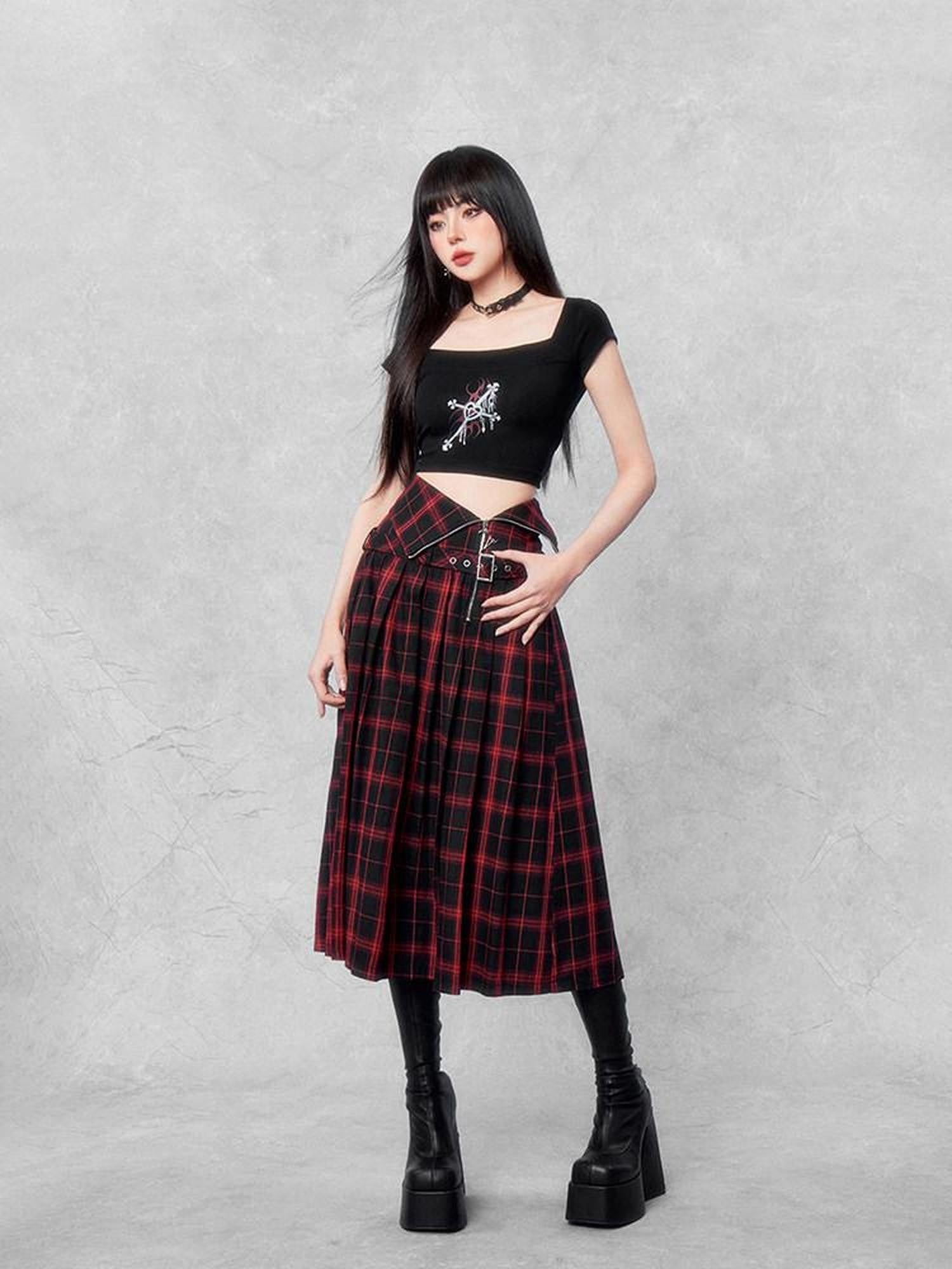 VOCK Red Black Plaid Zipper Foldover Waist Front Slit Women's Cotton Pleated Skirts